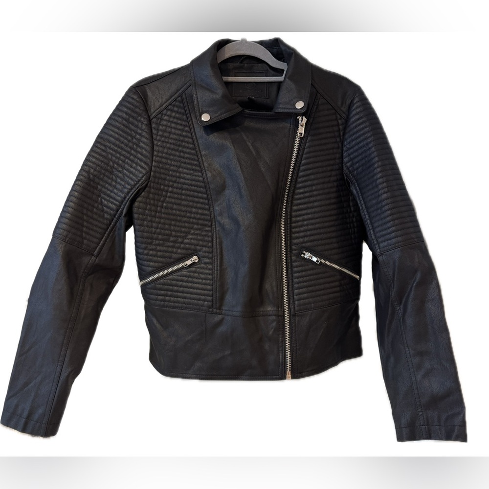 Max Studio Black Moto NWOT Faux Leather Quilted Black Zip Cropped Jacket Sz L